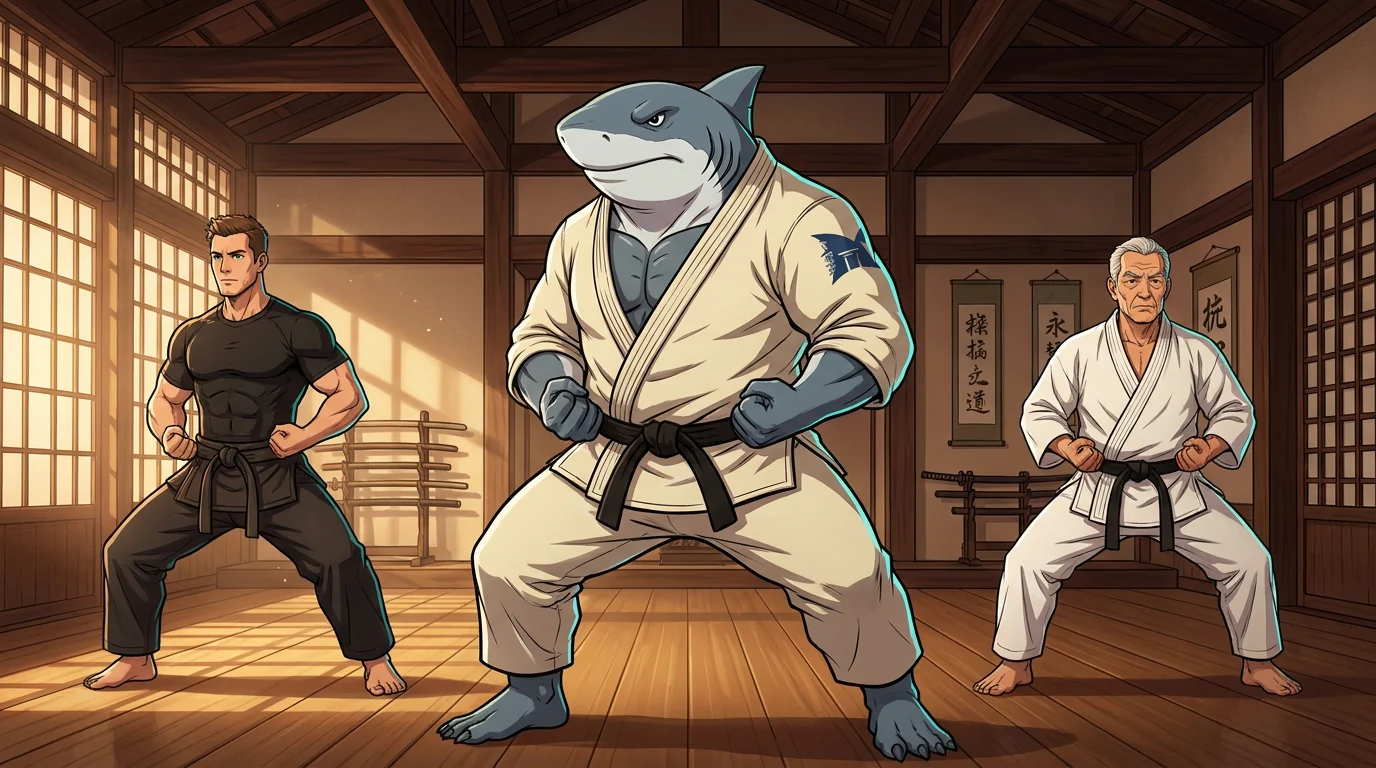 Sharco Academio entrenando en el dojo junto a un adulto joven y un hombre mayor, Sharks Academy