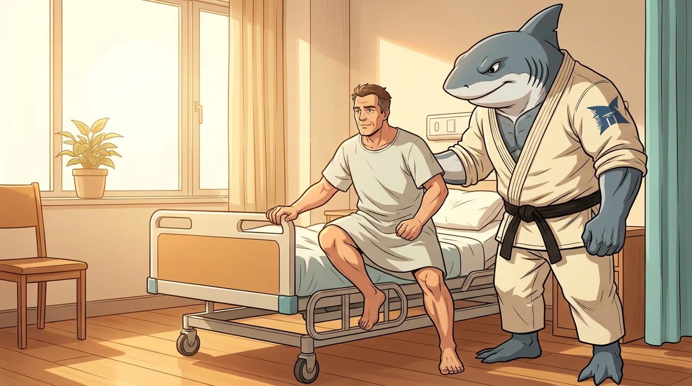 Ilustración: un hombre se incorpora de la cama de hospital apoyándose en la fuerza de sus piernas, acompañado por Sharco Academio