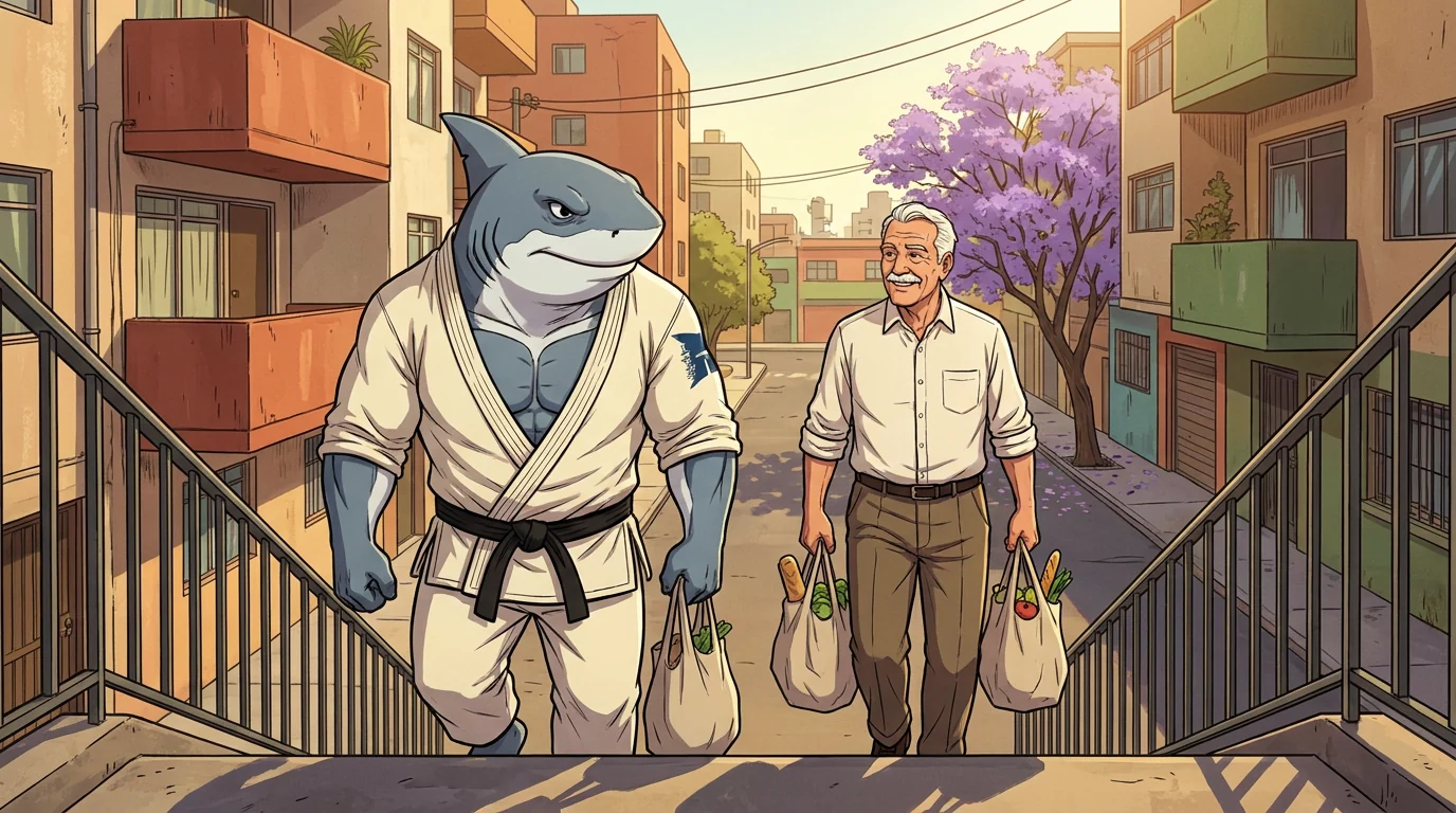 Ilustración: un hombre de 75 años sube las escaleras con el mandado sin esfuerzo, acompañado por Sharco Academio, en una calle de la Narvarte